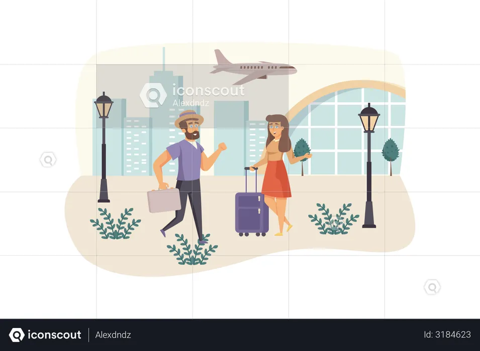 Man and woman travelers with luggage go in airport  Illustration
