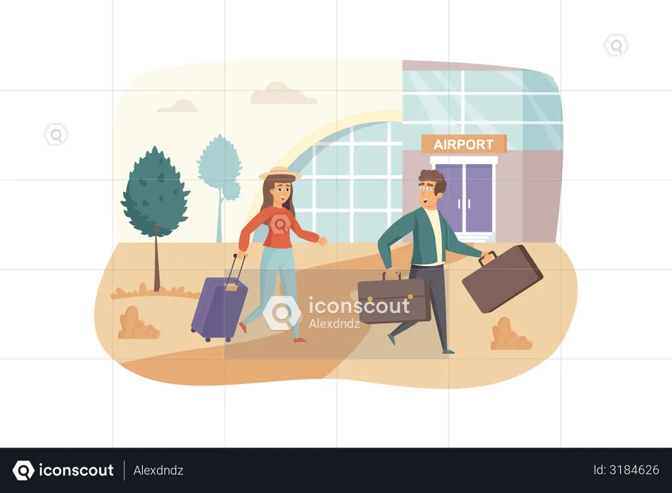 Man and woman travelers with luggage go in airport  Illustration