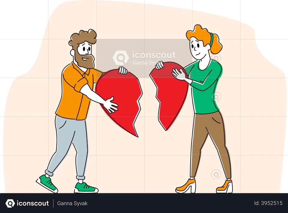 Man and Woman Trying to Put Parts of Broken Heart  Illustration