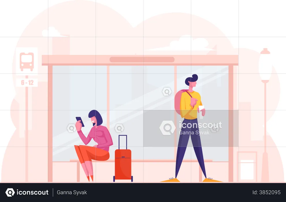 Man and woman waiting at bus station  Illustration