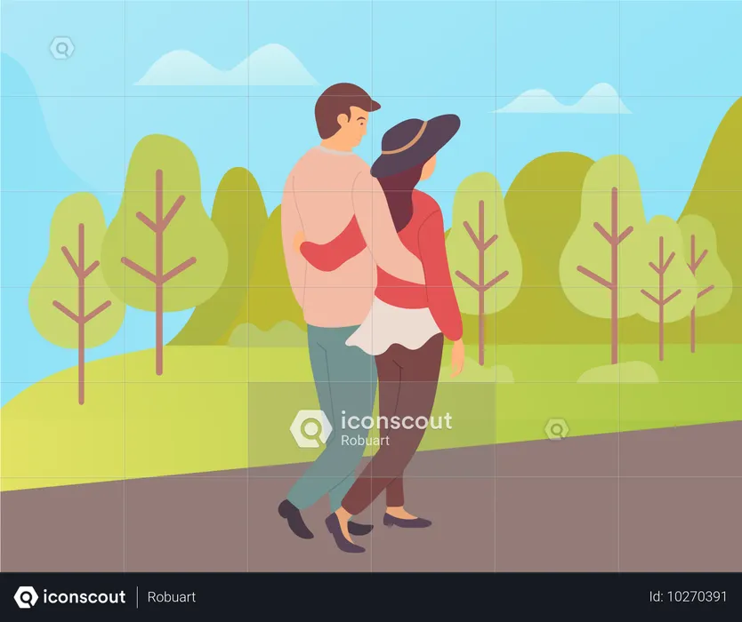 Man and Woman Walking in Autumn Forest  Illustration