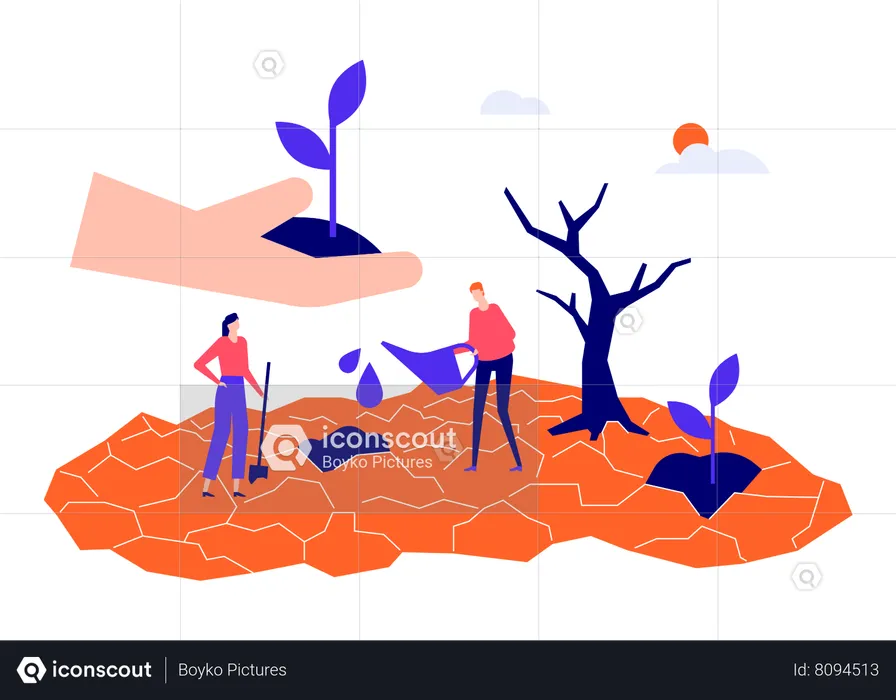 Man and woman watering plant sprouts in cracked soil  Illustration