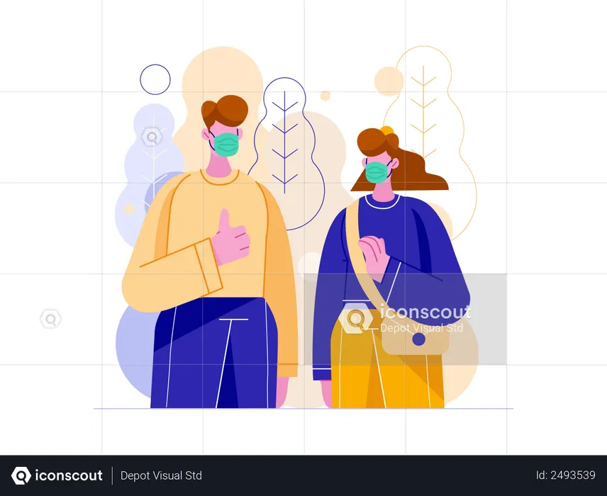 Man and woman wearing mask going to park  Illustration