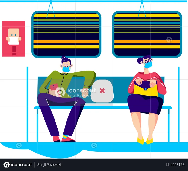 Man and woman wearing mask in public transport for covid-19 prevention  Illustration
