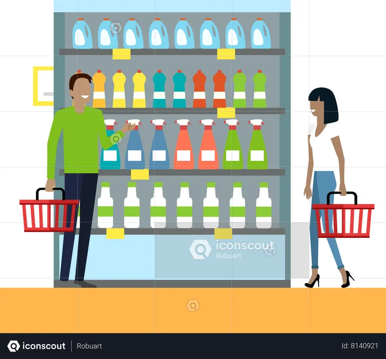Man and woman with baskets in hand choose products from store shelves  Illustration