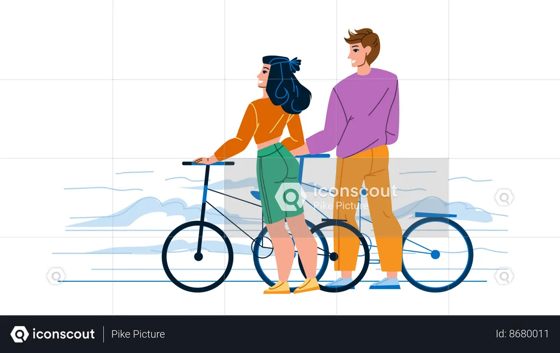 Man And Woman with bicycle together outdoor  Illustration