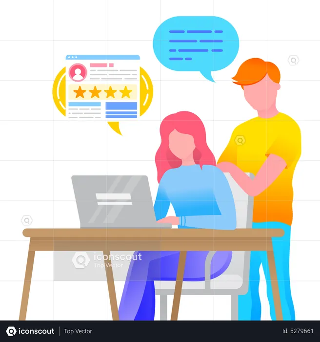 Man and woman with comment and rating on social network  Illustration