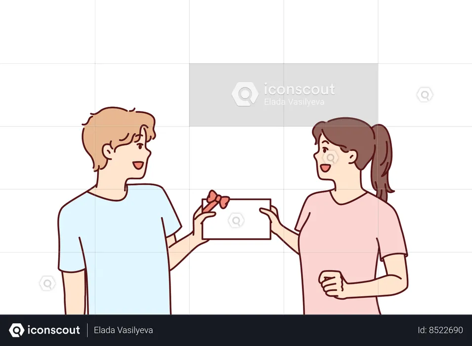 Man and woman with gift certificate in hands  Illustration