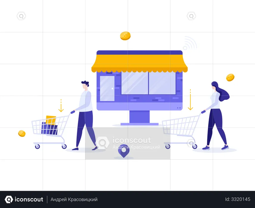 Man and woman with shopping carts  Illustration