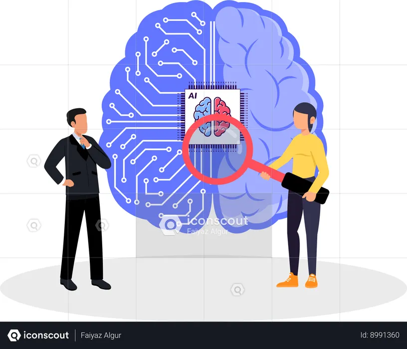 Man and woman working on AI Brain Technology  Illustration