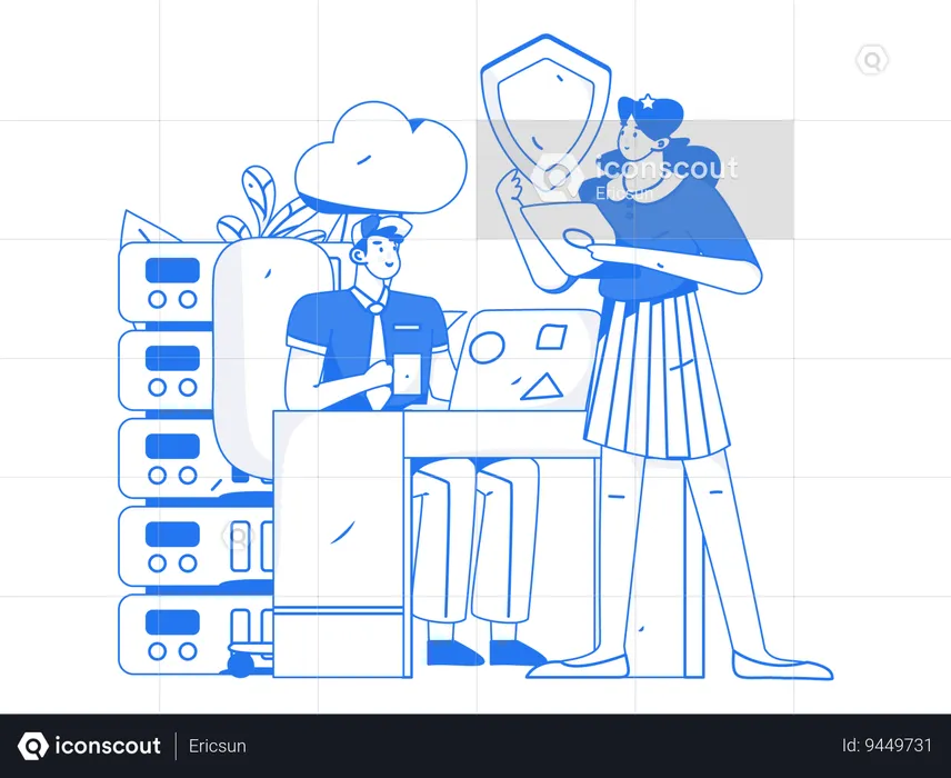 Man and woman working on cloud database security  Illustration