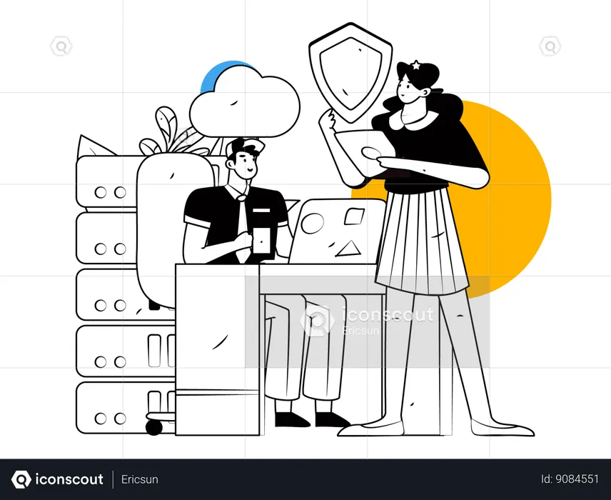 Man and woman working on cloud database security  Illustration