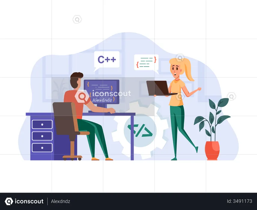 Man and woman working on coding of web project  Illustration