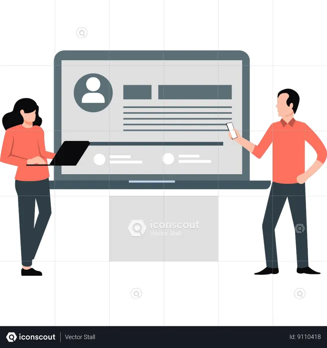 Man and woman working on profile on laptop  Illustration