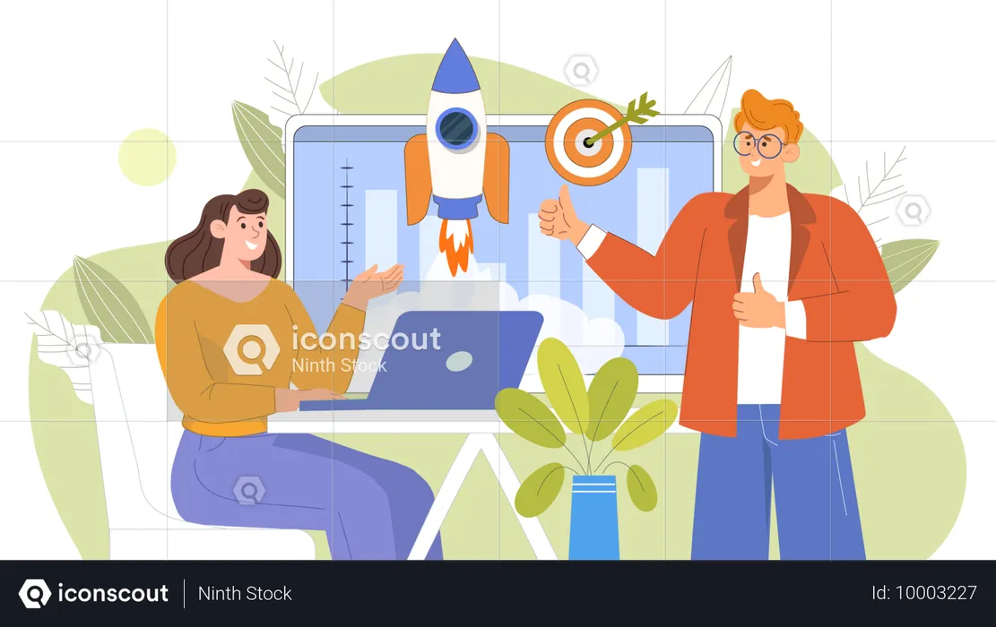 Man and woman working on startup analysis  Illustration