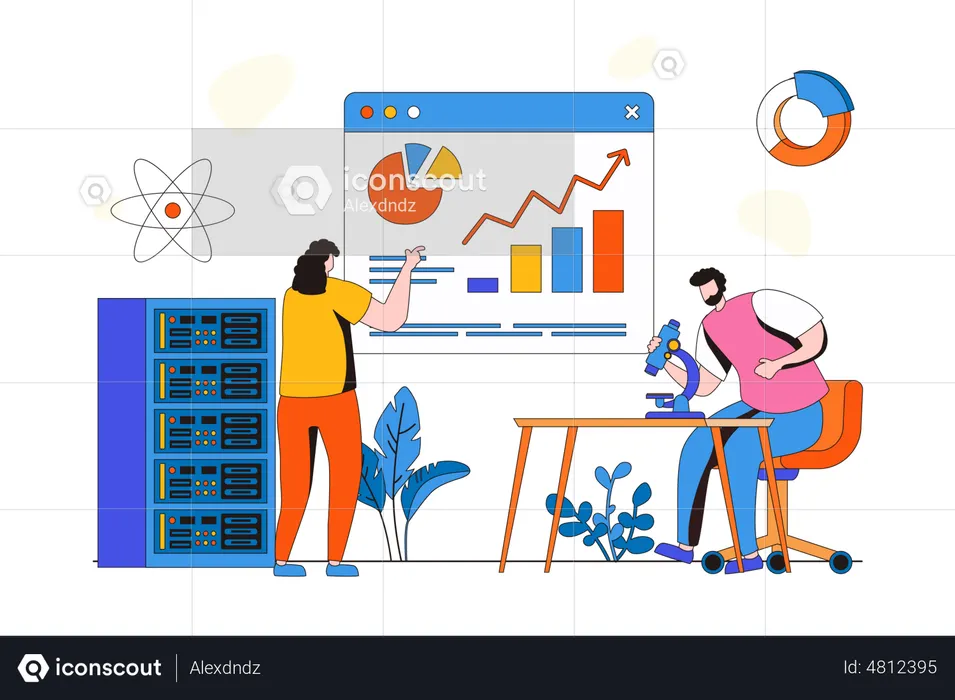 Man and woman working with databases and analyzing on dashboard  Illustration