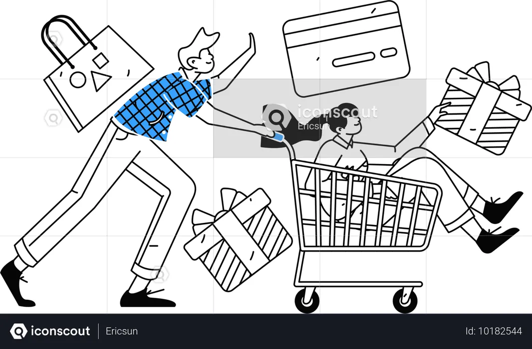 Man ans girl going for shopping while getting shopping reward  Illustration