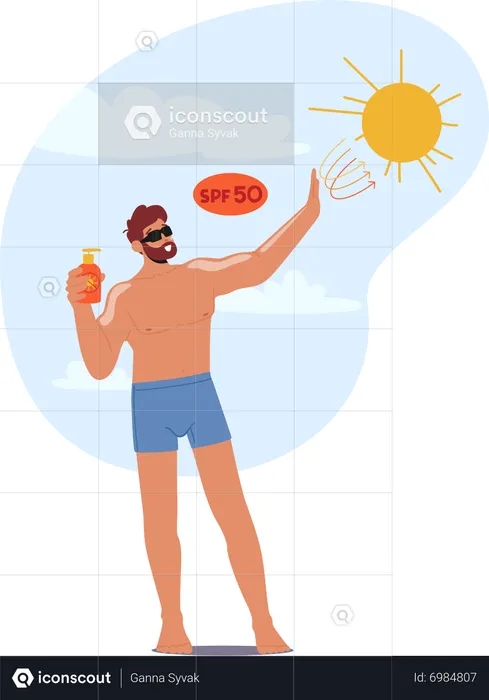 Man Applies Sunscreen To Protect Skin From Harmful Uv Rays While Enjoying Beach Day  Illustration