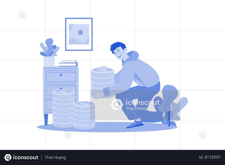 Man arranges stack of coins  Illustration