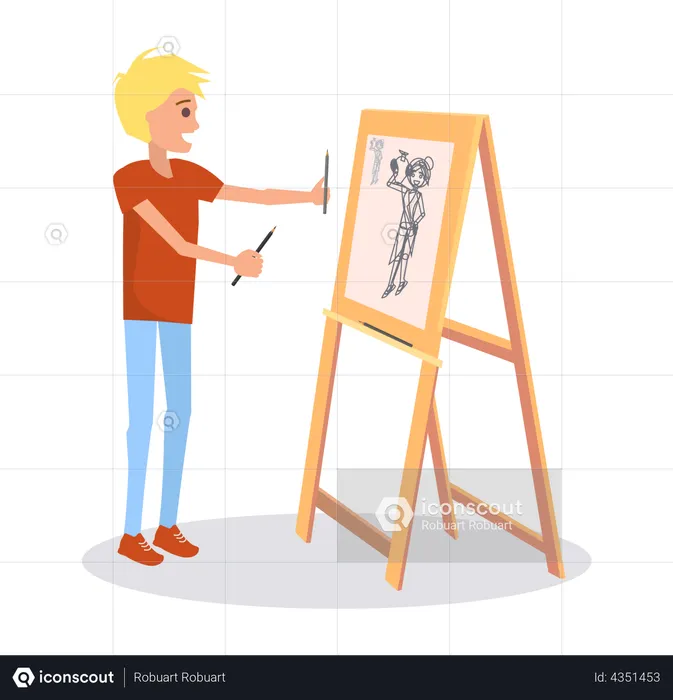 Man artist painting piece of art on canvas  Illustration