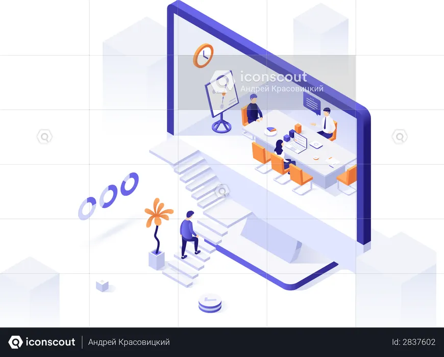 Man ascending stairs leading to computer screen with whiteboard meeting inside  Illustration