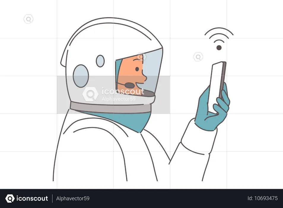 Man astronaut with smartphone explores outer space and takes selfies while traveling into orbit  Illustration