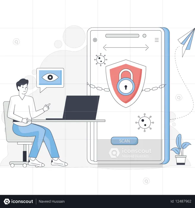 Man at a desk using a laptop with a phone displaying a locked screen beside him  Illustration