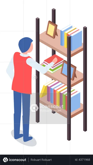 Man at bookstore standing near bookshelf with books  Illustration