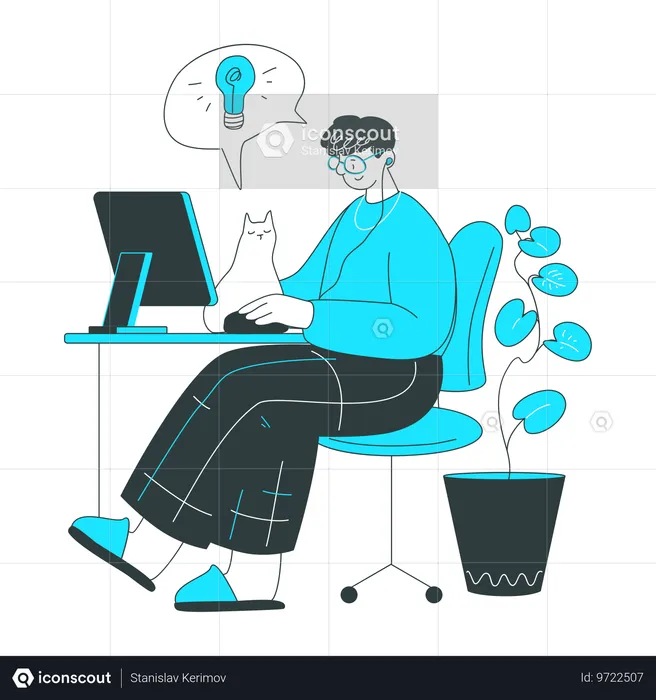 Man at the computer working on an idea  Illustration