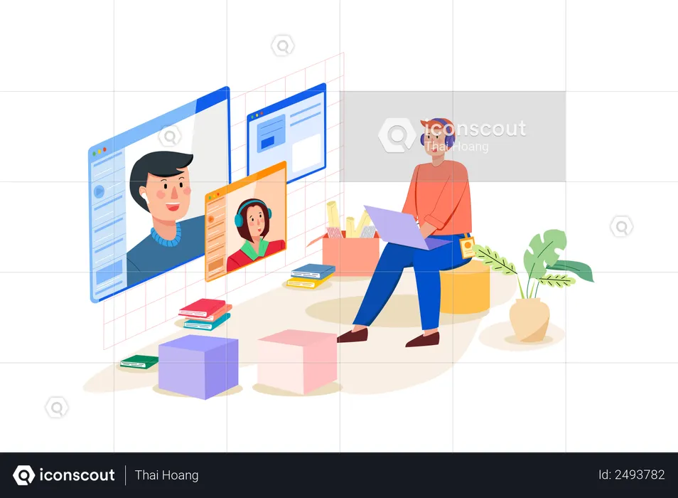 Man attending online business meeting  Illustration
