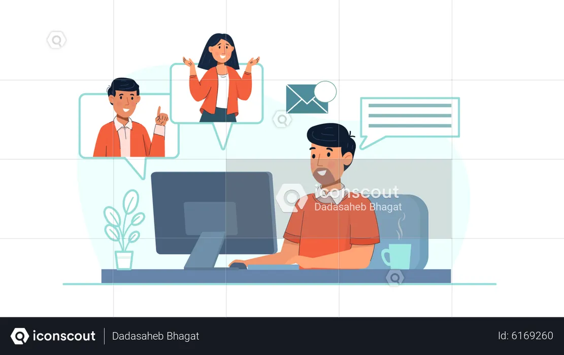 Man attending online meeting  Illustration