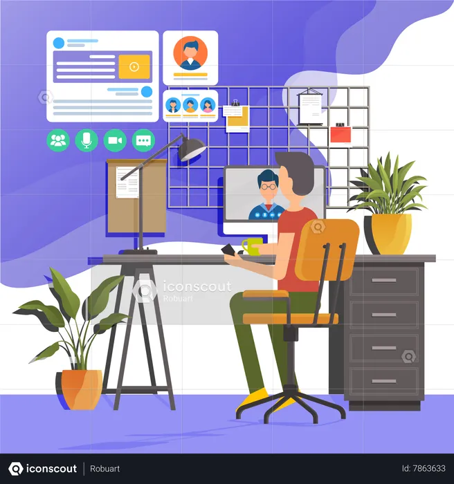 Man attending online video conference  Illustration