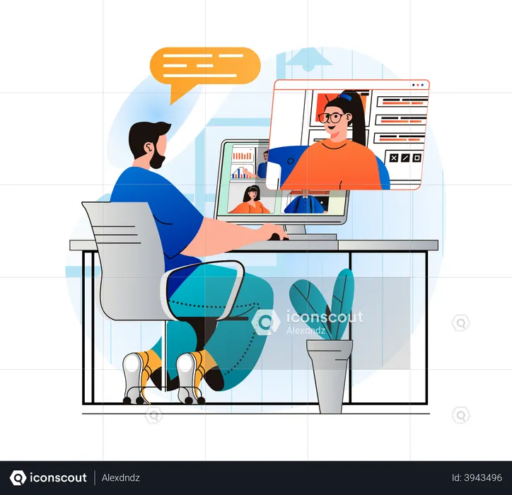 Man attending virtual business meeting  Illustration