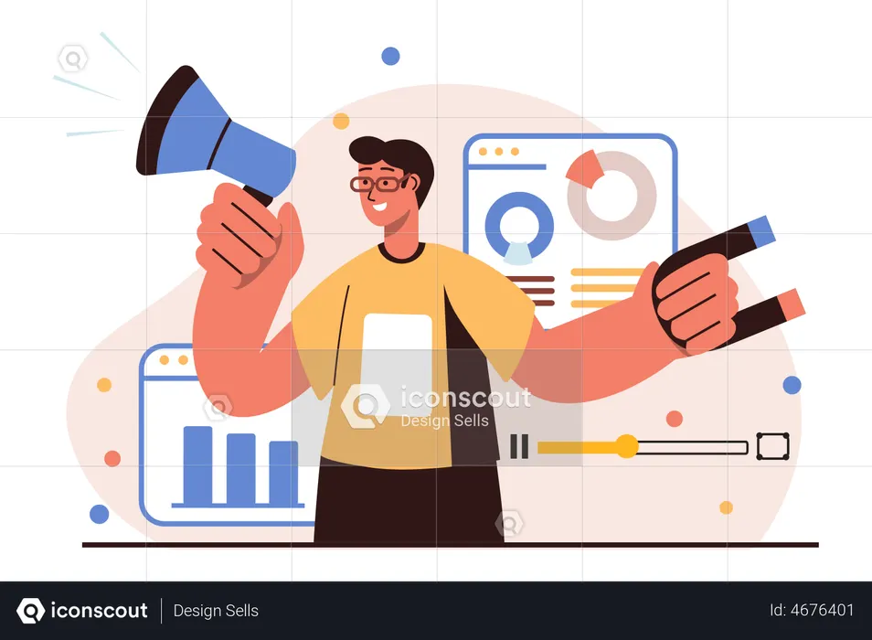 Man attracting customer using video marketing  Illustration