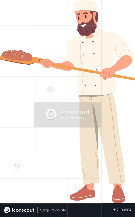 Man baker in uniform holding wooden shovel with fresh baked bread  Illustration