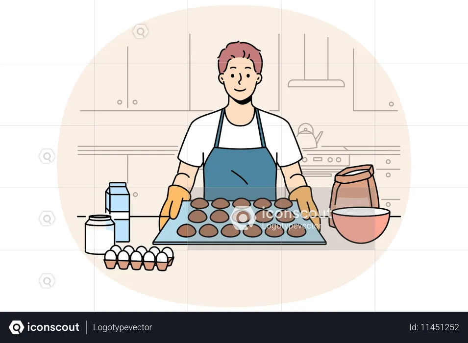 Man baker prepares oatmeal cookies  Illustration