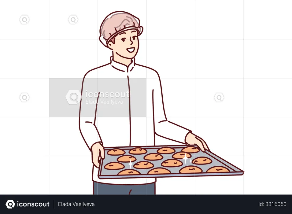 Man bakes cookies in bakery house  Illustration