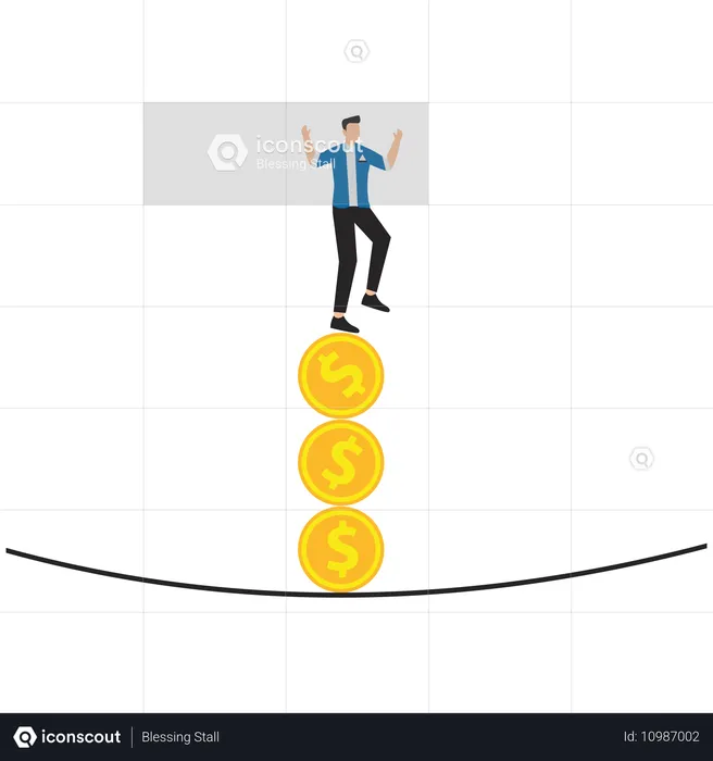 Man balancing on falling stack of coins  Illustration