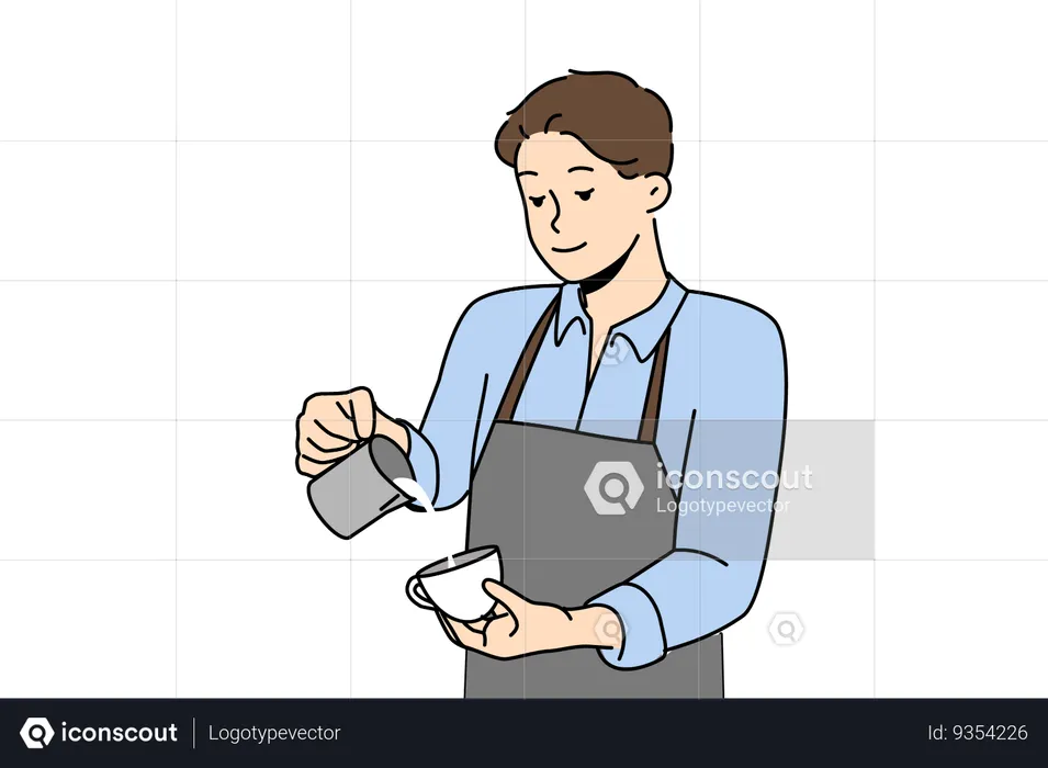 Man barista prepares delicious coffee with fresh cream and working in trendy coffee shop  Illustration