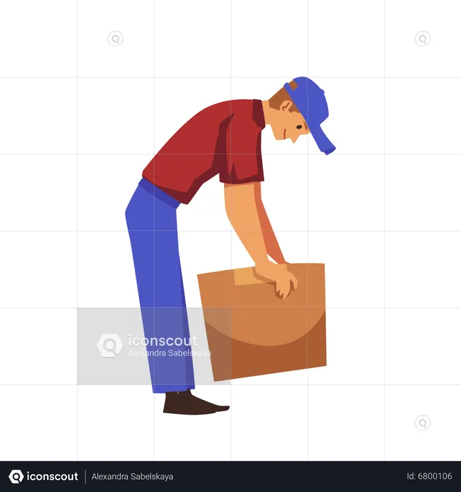 Man bends down to pick up box with load  Illustration