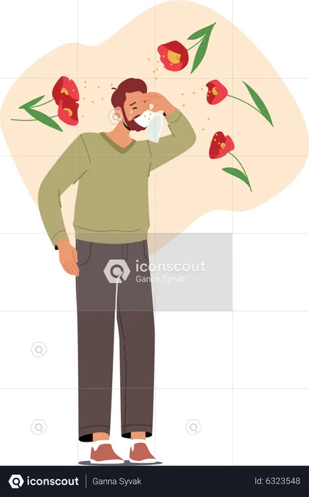 Man blow nose into handkerchief  Illustration