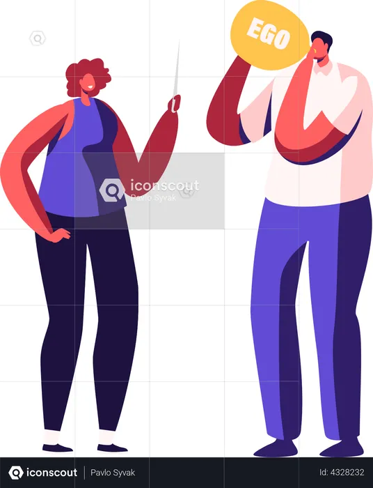 Man blowing ego balloon while girl holding sharp needle  Illustration