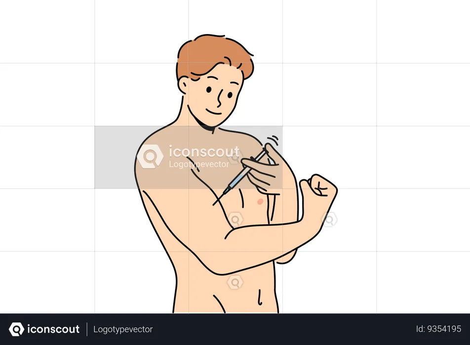 Man bodybuilder uses doping to quickly achieve results in sports and gives injection in biceps  Illustration