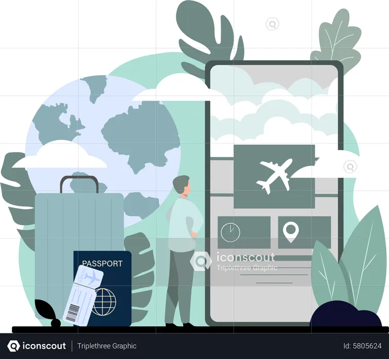 Man booking flight ticket on mobile  Illustration