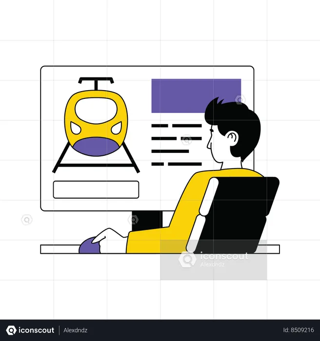 Man booking train ticket on computer  Illustration