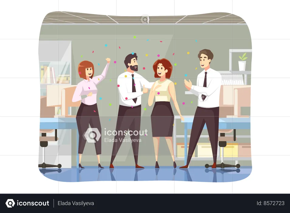 Man boss leader team of colleagues coworkers congratulate successful businesswoman employee together  Illustration
