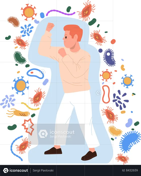 Man boxing punching fighting against infectious virus  Illustration