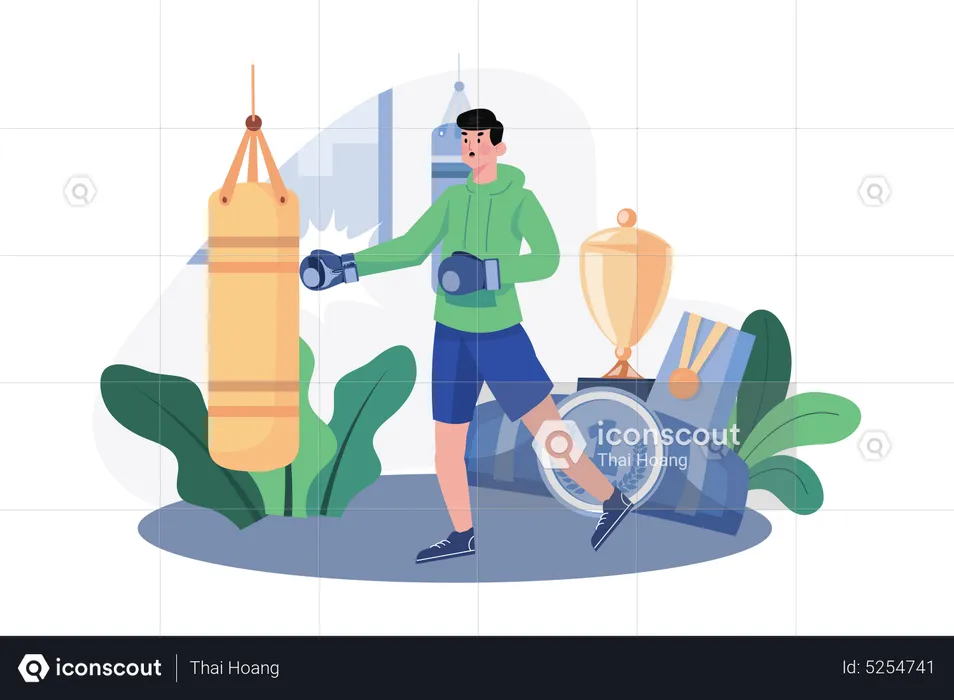 Man boxing training at home  Illustration