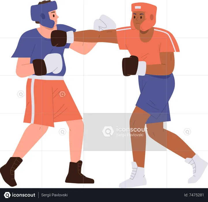 Man boxing wearing gloves, protective helmet with sparring partner having fight against each other  Illustration