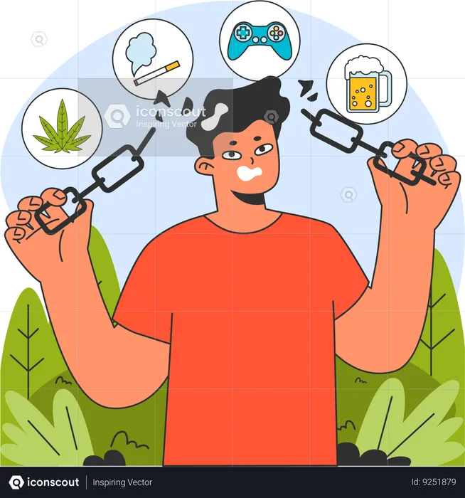 Man breaking addiction chain  Illustration